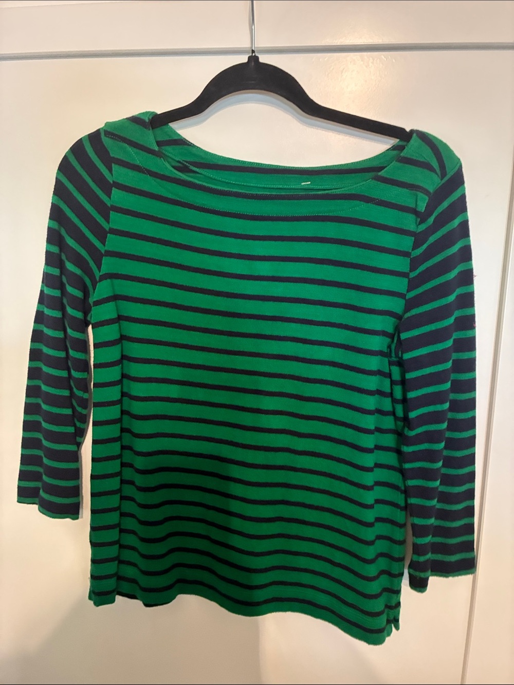 LOFT Green and Black Striped Boatneck Long Sleeve Top
